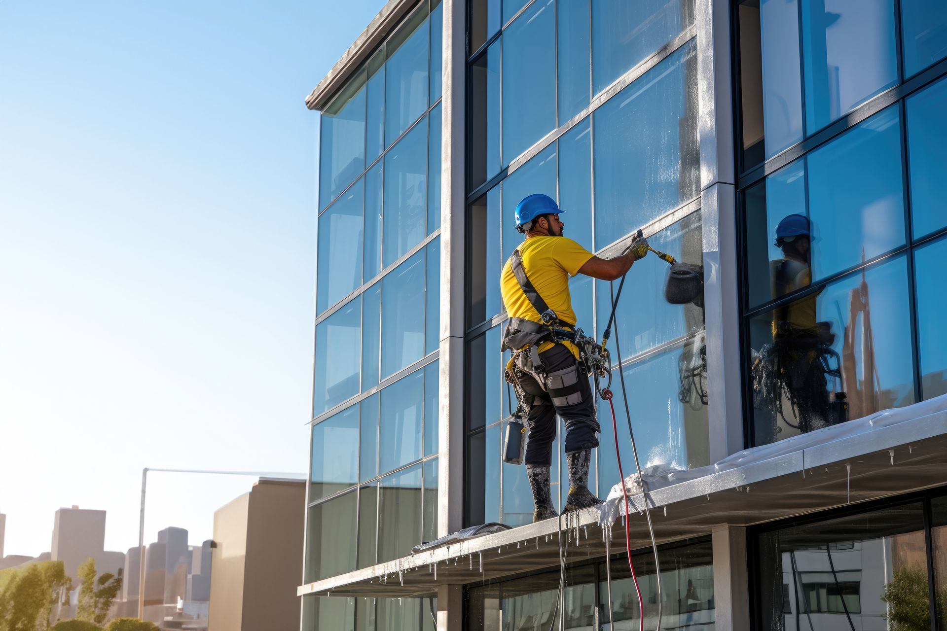 A man is cleaning the windows of a tall building.