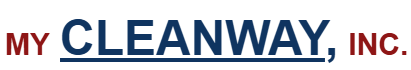 A blue and red logo for my cleanway inc.