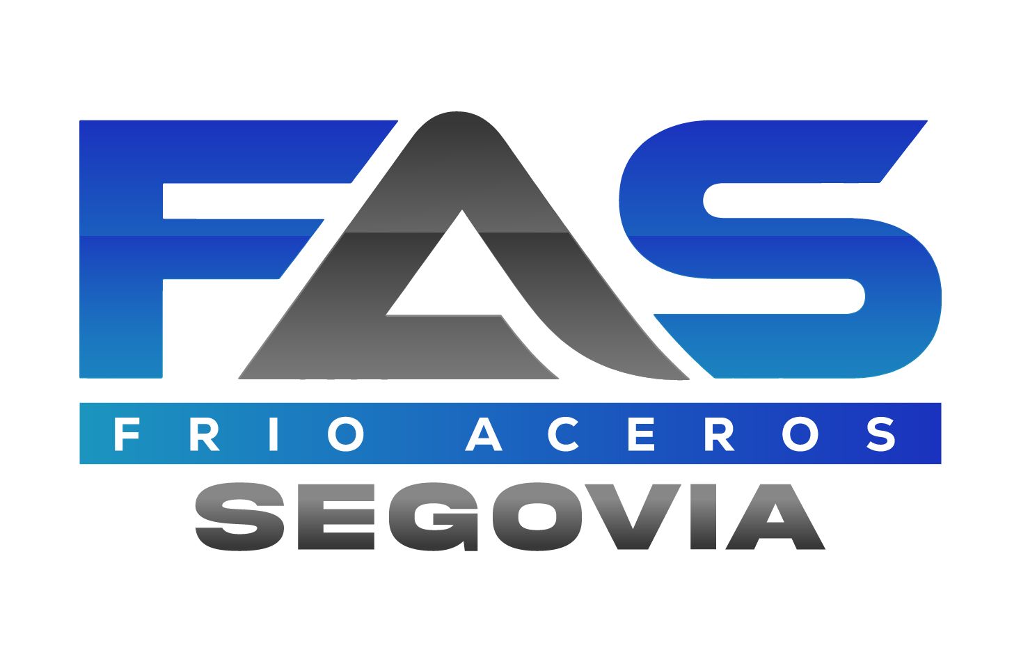 Logotipo de FAS con &ldquo;Frio Aceros Segovia&rdquo; en azul, gris y blanco.