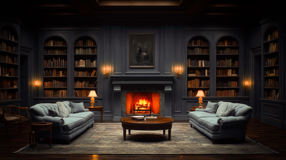 A living room filled with furniture and a fireplace.