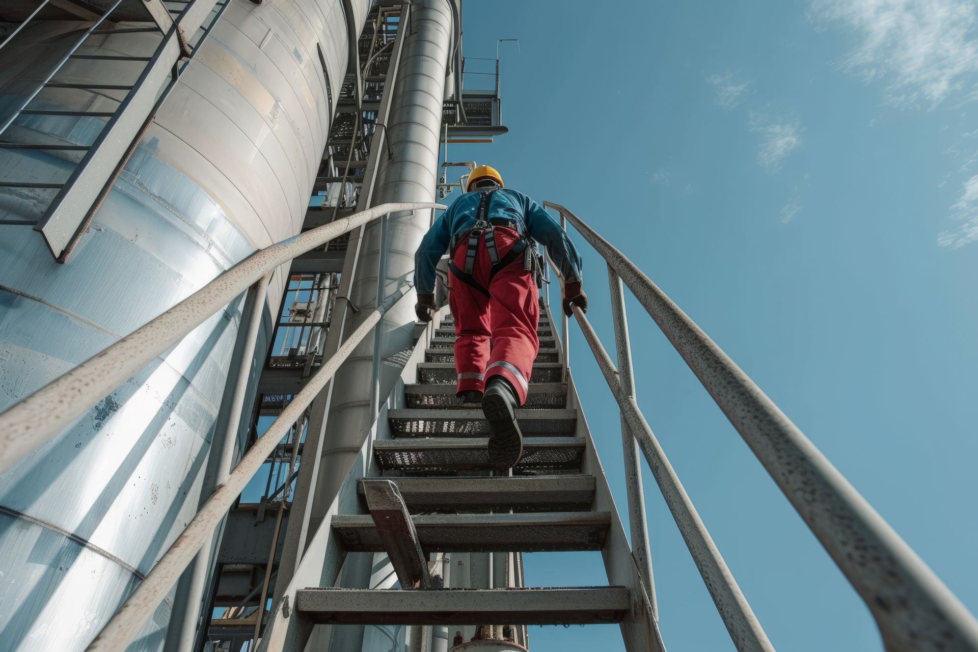 Person climbing a metal ladder beside an industrial silo under a blue sky