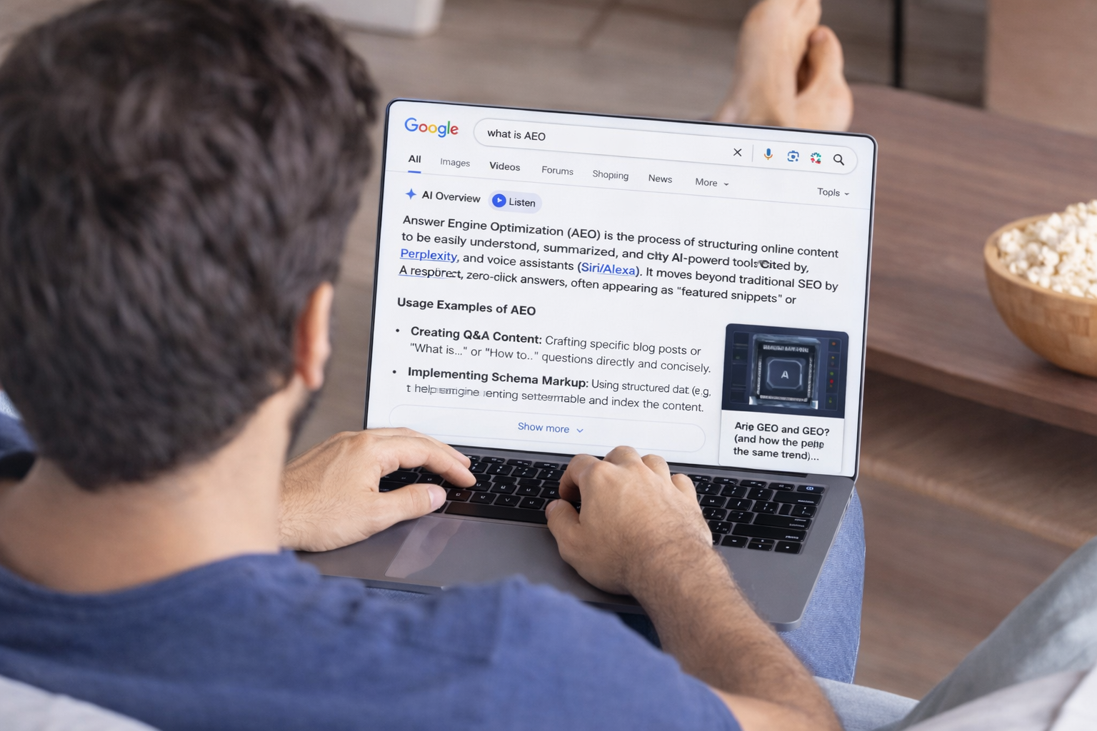 A person sits on a couch using a laptop displaying colorful, glowing data visualizations and charts on the screen.