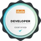 Duda Certified Developer badge with white text on a circular, teal and dark gray scalloped background.