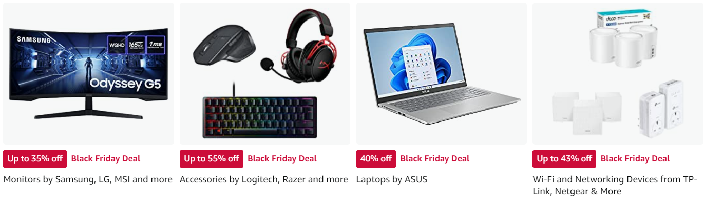Promotional image of computer accessories: monitor, keyboard, mouse, headphones, laptop, and smart home devices.