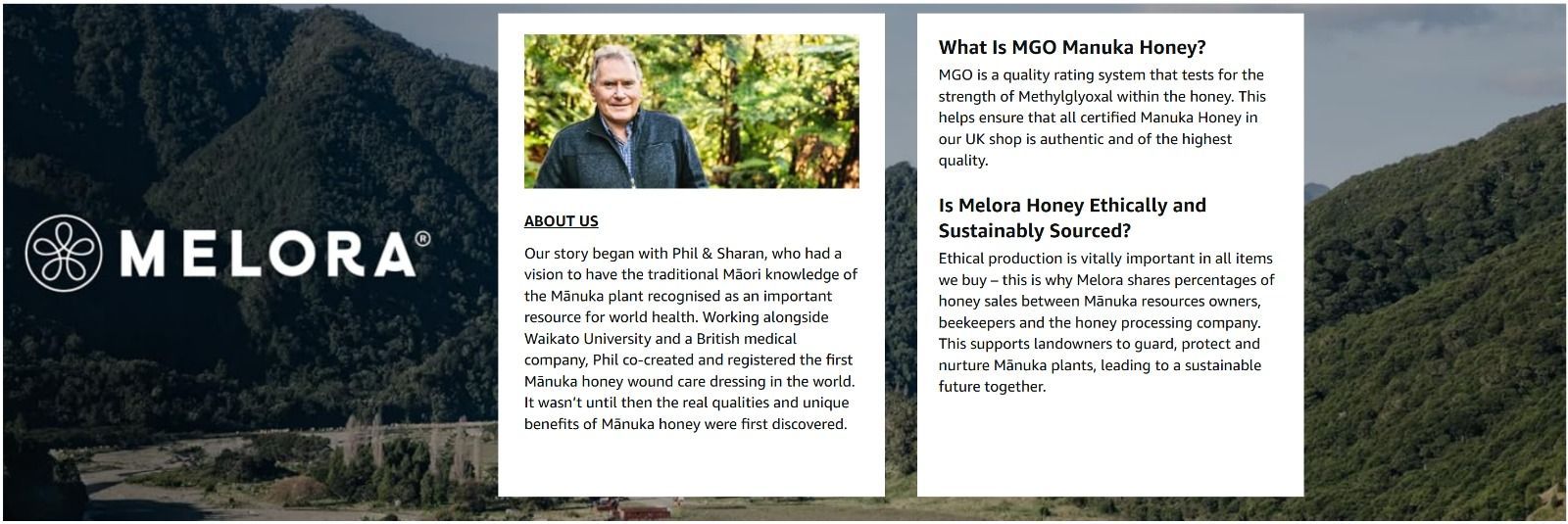The Melora logo and a man in a natural setting, accompanied by text explaining MGO Manuka honey and sourcing. example image of brand story