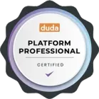 Duda Platform Professional certification badge with a white center, dark border, and a checkmark.
