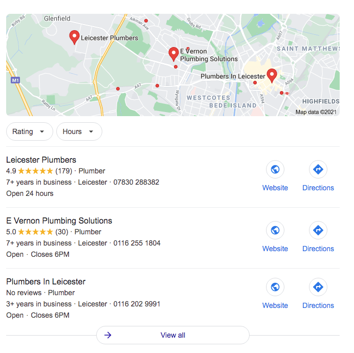Map showing three plumbing businesses in Leicester, with ratings, phone numbers, and hours listed.