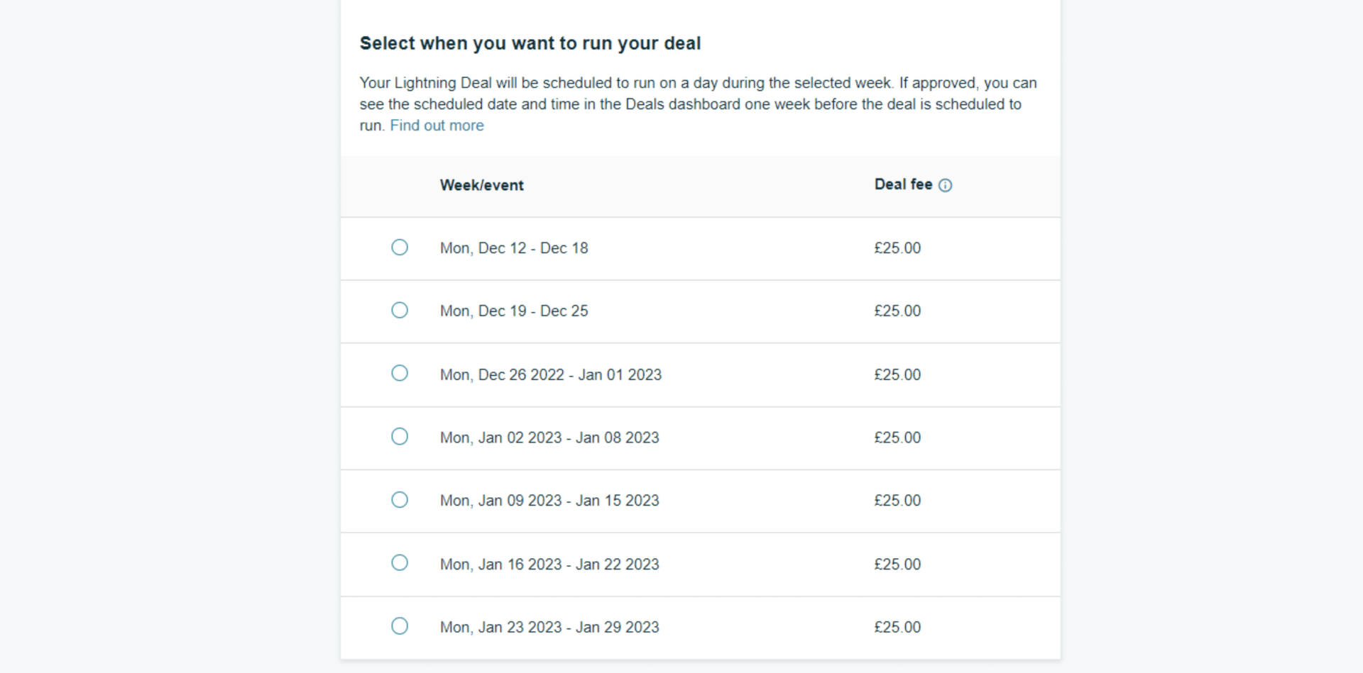 A table with dates and fees. Offers several dates to select from.