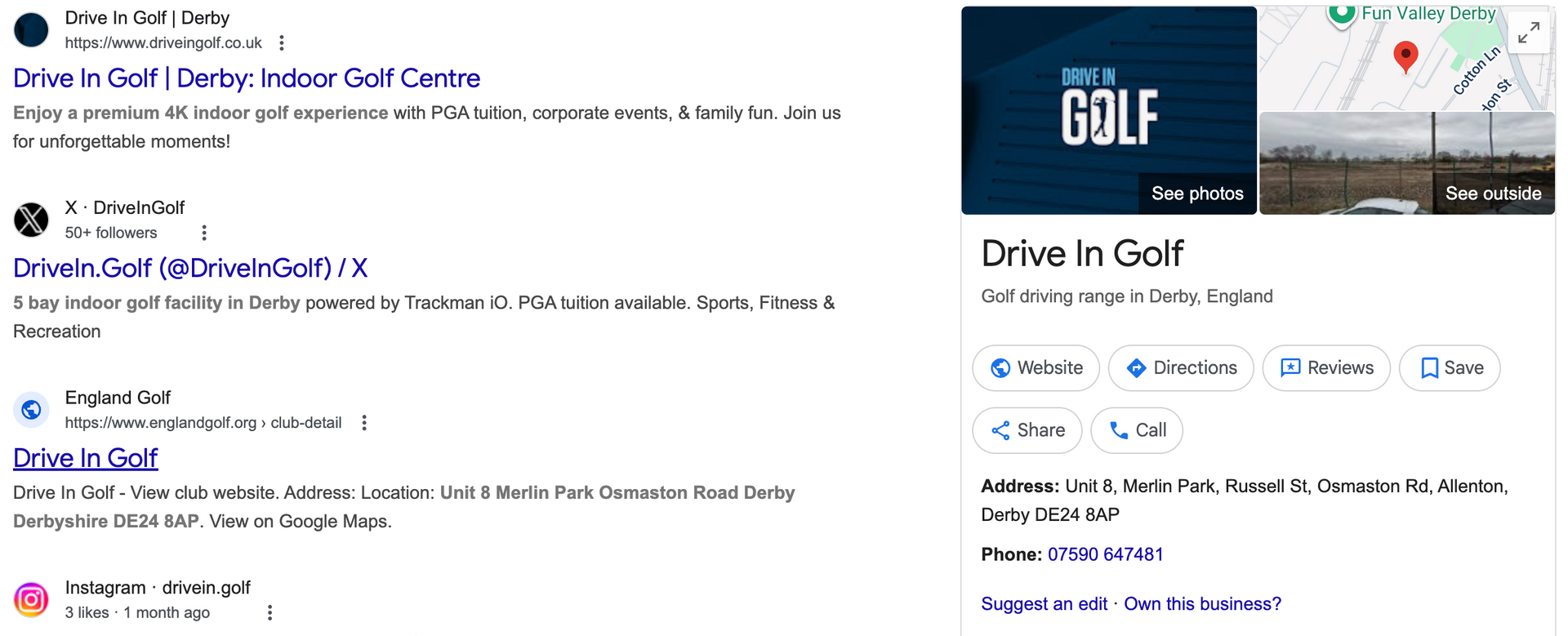 Drive In Golf listing: search results for a golf driving range.