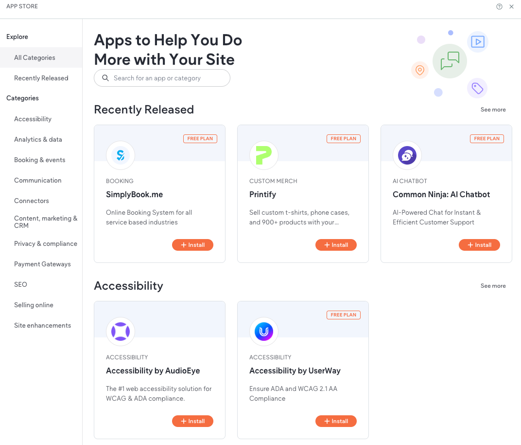 Screenshot of a website showcasing apps. Features apps for sites like SimplySecure and Generate Your Character.