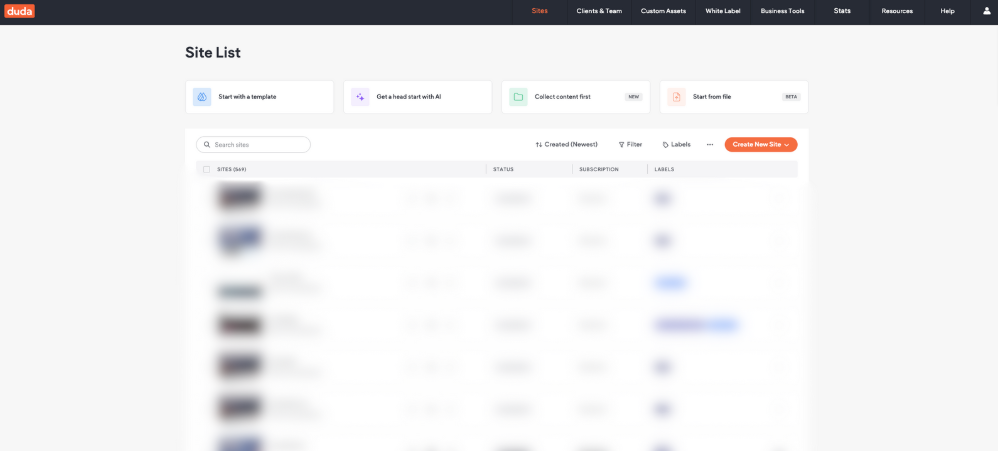Webpage displaying a list of items, with filter options and search function.