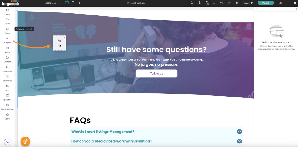 Interface for a website design, with a question asking section, and FAQs below.