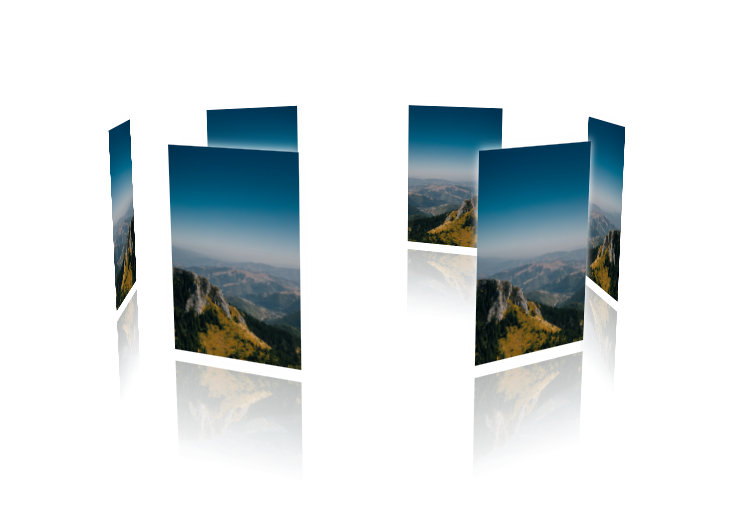 Screens displaying a mountain landscape, arranged in a semi-circle, with reflective shadows.