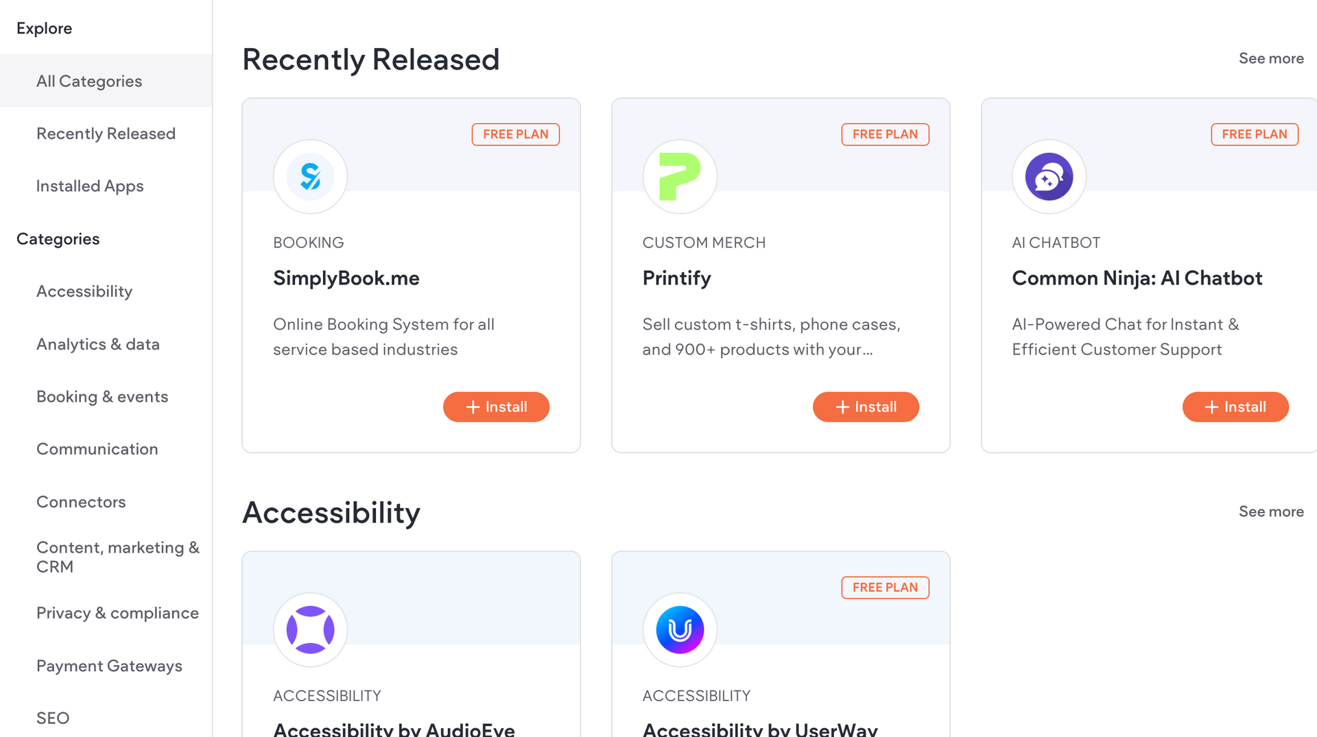 selection of plugin apps avalible for upselling to customer