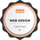 A Duda Certified Web Design circular badge with orange, peach, and dark gray accents.