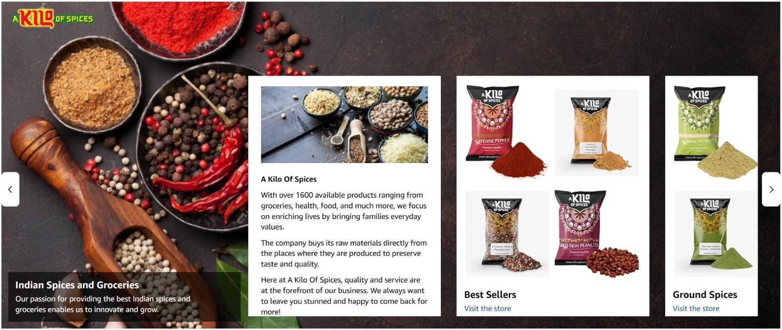 An example of a brand story for a kilo of Spices showing various raw spices and packaged products with descriptions of available goods.