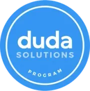 Blue circular badge containing the white text