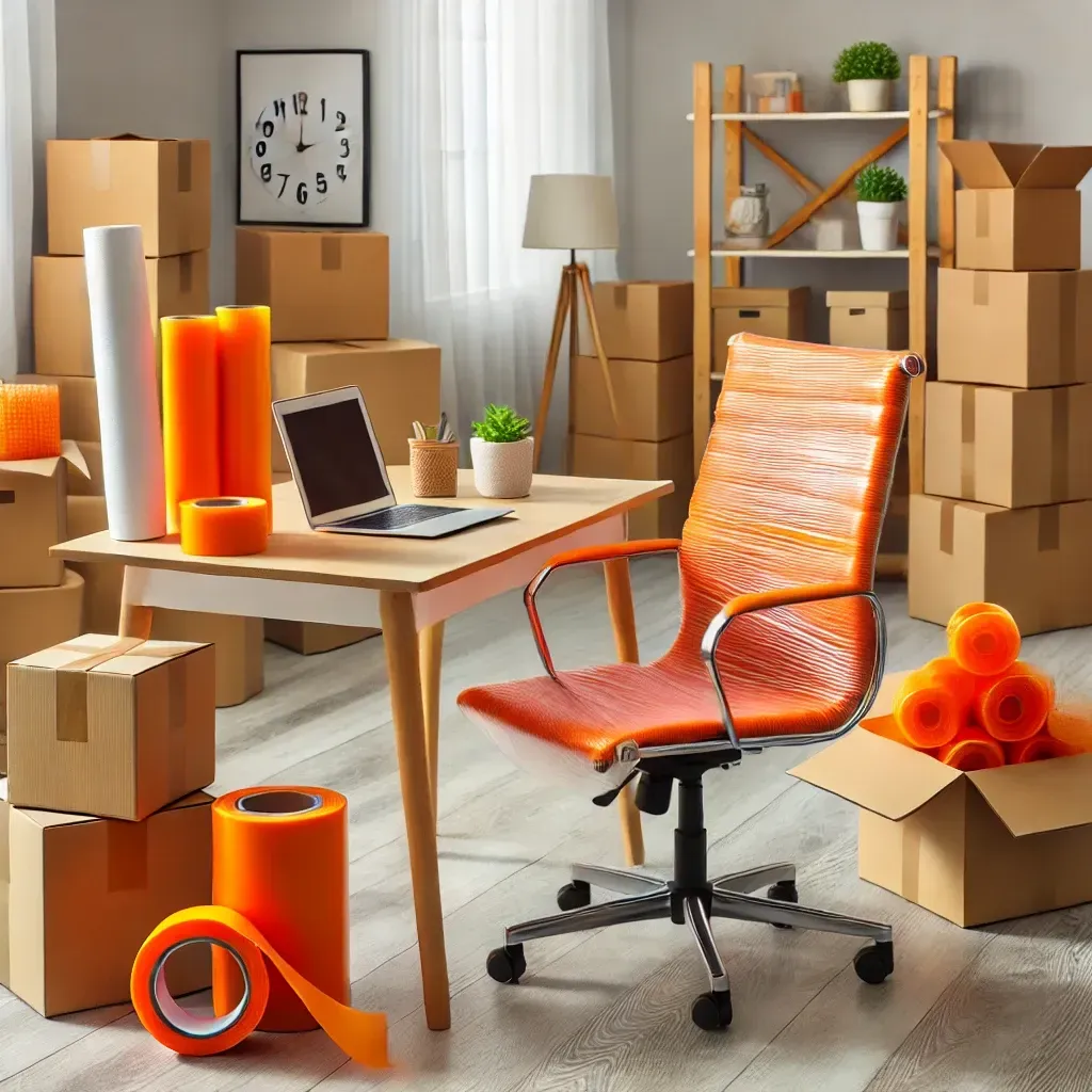 Photo of home office, ready to be moved. With packing supplies around, and the Avant-Garde signature plastic shrink wrap orange color 