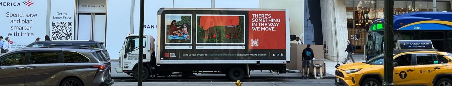 Snapshot of our moving truck on a 5th avenue next to Bryant Park in Manhattan and our movers unloading packing and moving materials