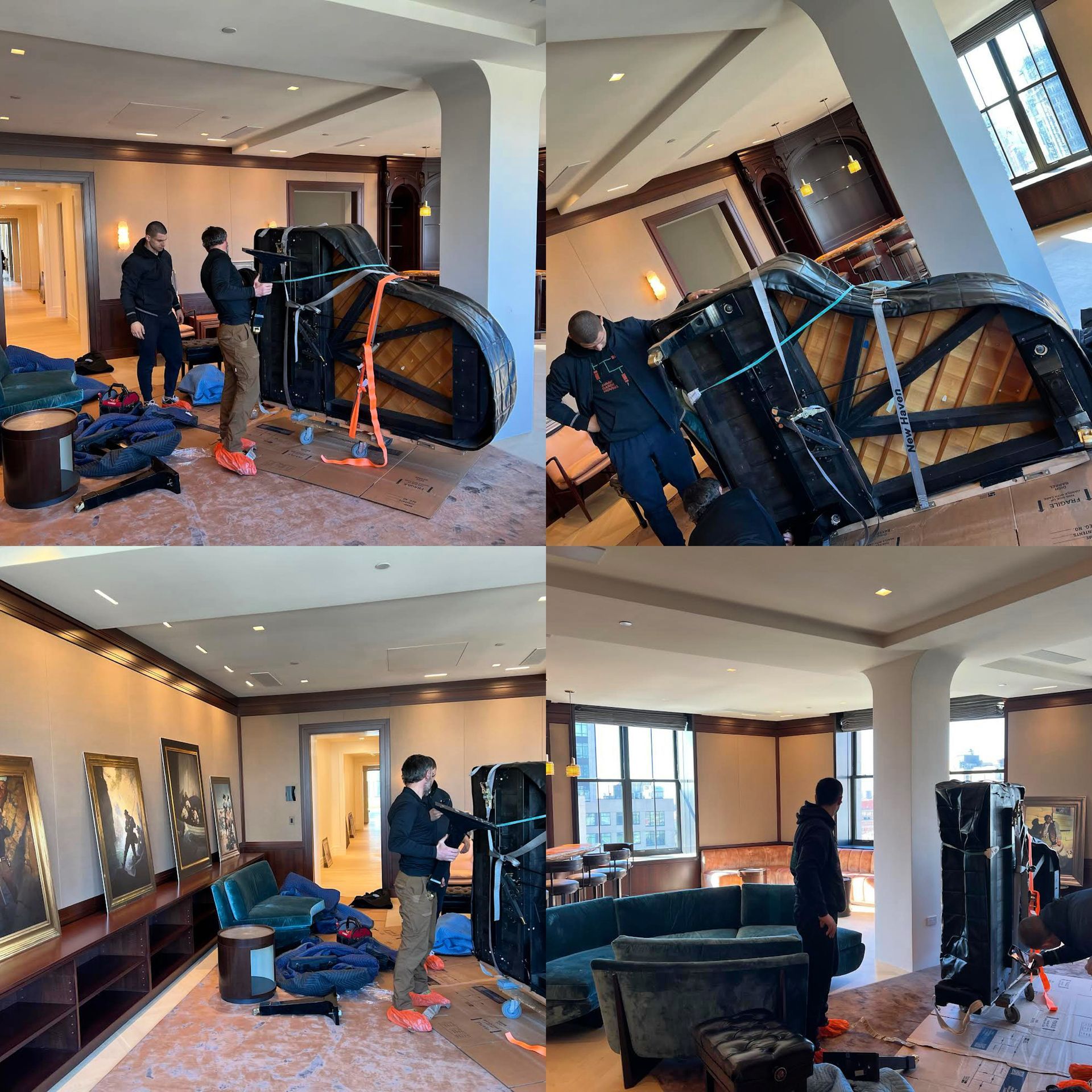 4 photos in one, of a movers wrapping up grand piano to get it ready for moving