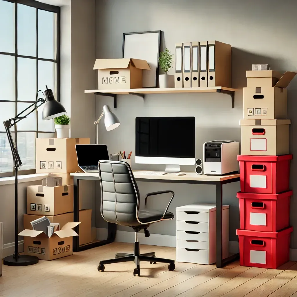 Photo of home office set-up, with moving boxes and reusable plastic bins around, getting ready for move