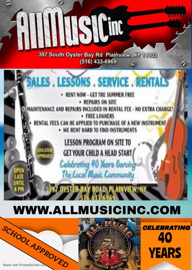 An advertisement for all music inc. shows a violin and clarinet