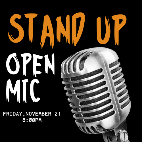 Flyer for Open Mic Night at Pat’s Bar & Grill featuring live local performances, food, drinks, and a fun community atmosphere.