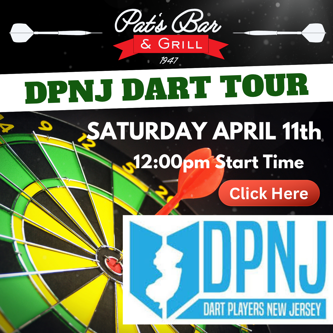 Flyer promoting DPNJ Dart Tournament at Pat’s Bar & Grill on Saturday April 11th in Mt. Arlington NJ – exciting dart competition, full menu, no cover near Lake Hopatcong