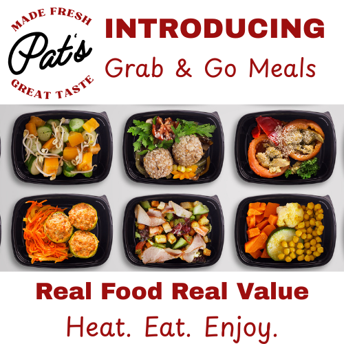 Pat’s Bar & Grill Grab-and-Go Meals featuring homemade lasagna, meatloaf, roasted chicken, and soups ready to reheat