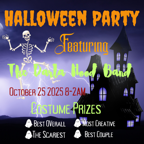Halloween Costume Party flyer at Pat’s Bar & Grill featuring live music, costume contest, drink specials, and spooky night fun.