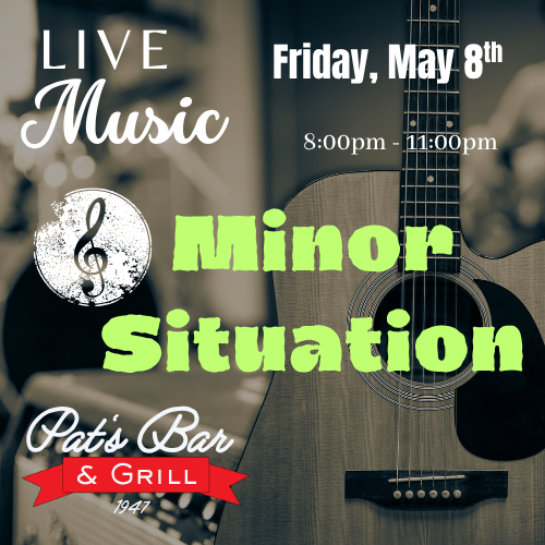 Banner promoting Minor Situation live music performance at Pat’s Bar & Grill this Friday night in Mt. Arlington NJ – live music starts at 8 PM, full menu, no cover near Lake Hopatcong
