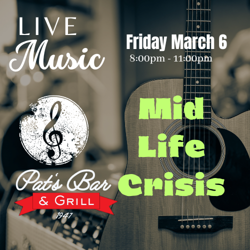 Live Music Friday March 6 at Pat's Bar & Grill – Mid Life Crisis (NJ's Premier Party Band) Takes the Stage