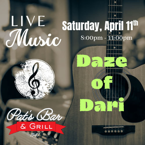 Flyer promoting Daze of Dari live performance at Pat’s Bar & Grill on Sunday April 19th in Mt. Arlington NJ – high-energy live music 8pm, full menu, no cover near Lake Hopatcong