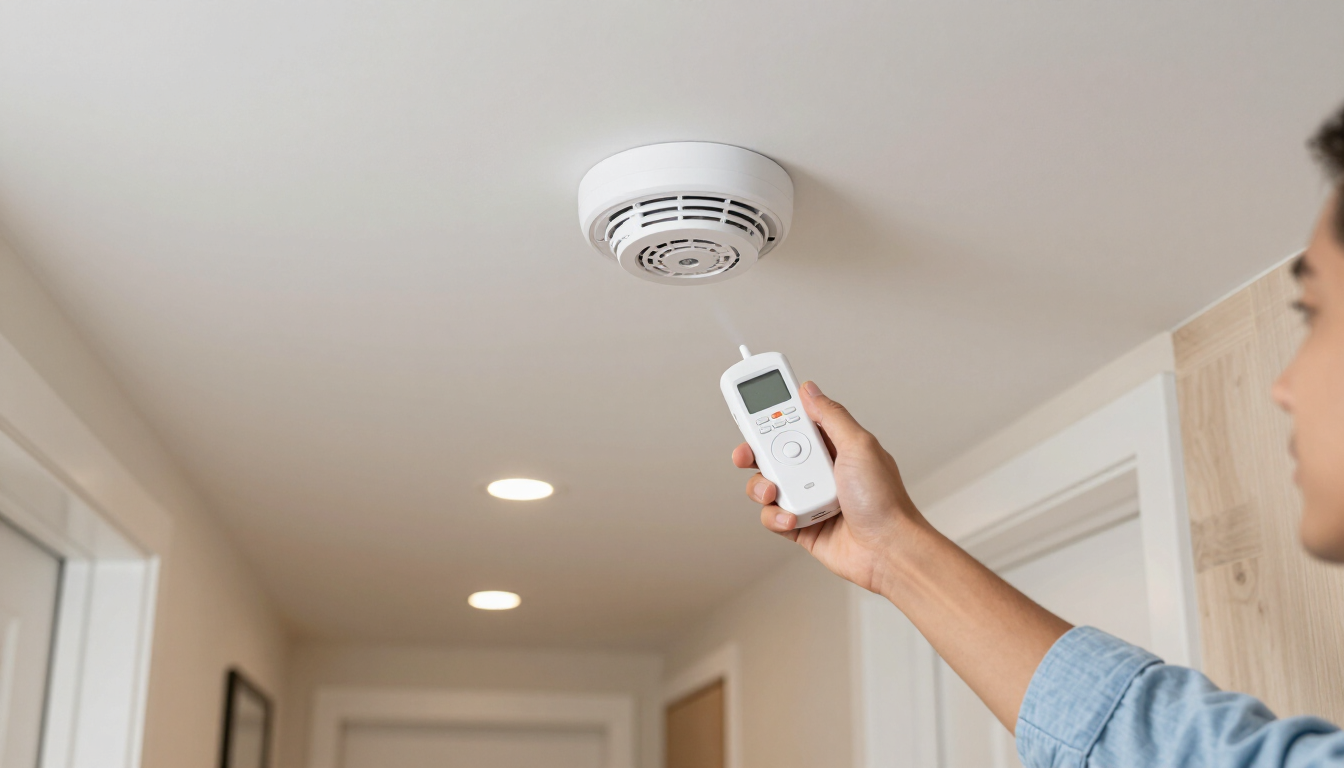 Person using a handheld tester to inspect a ceiling smoke detector in a hallway.