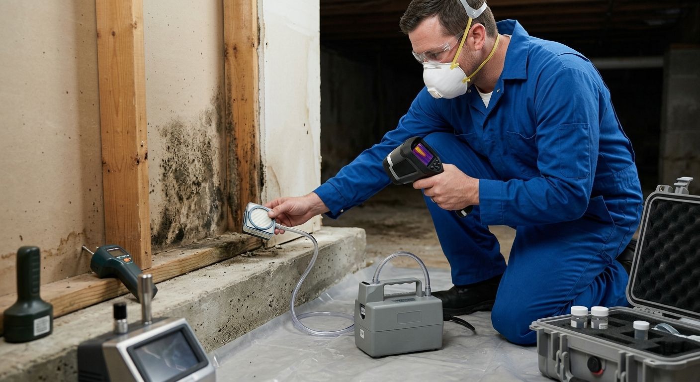Person using a handheld tester to inspect a ceiling smoke detector in a hallway.