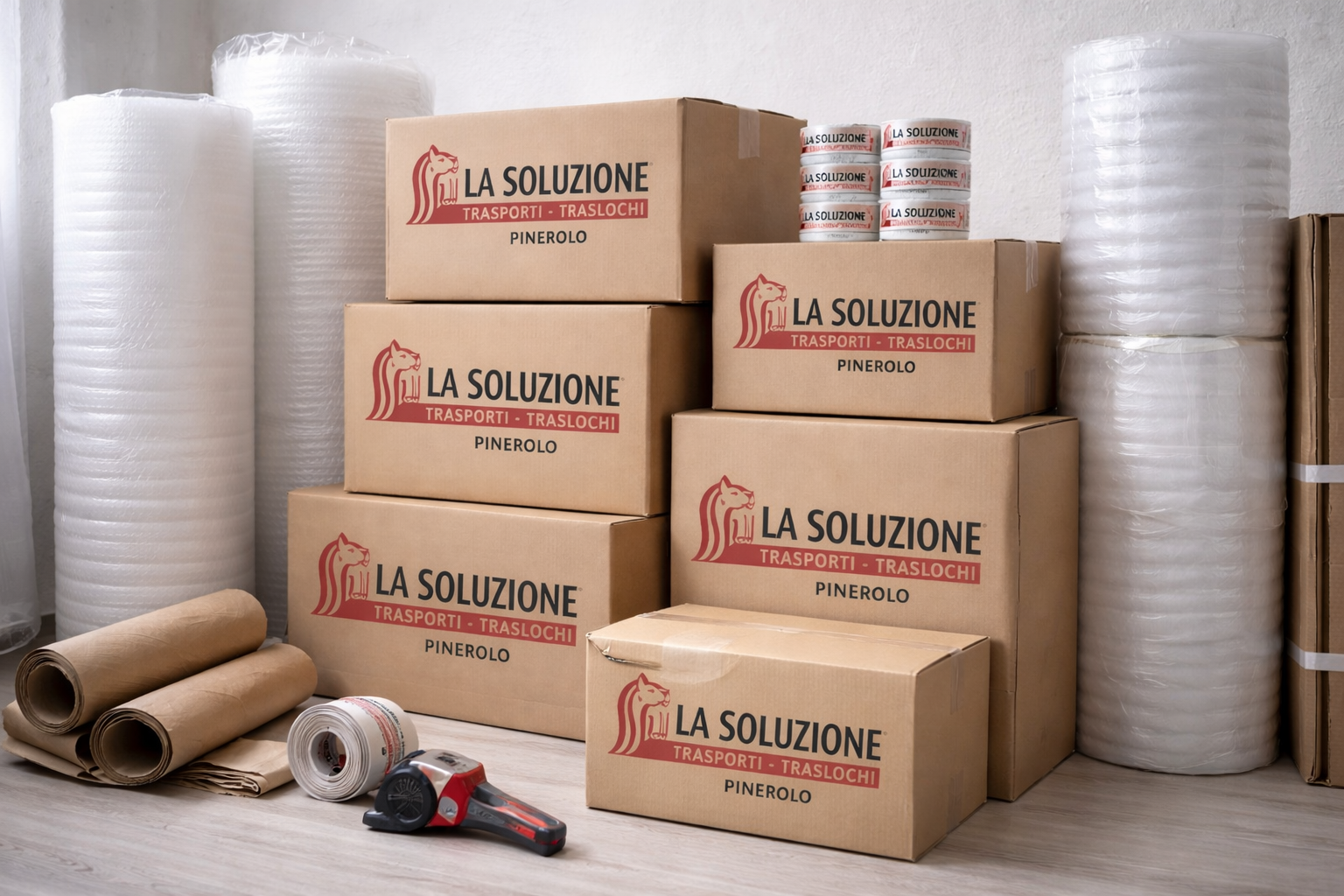 Scatoloni per traslochi, materiale da imballaggio e nastro adesivo, con il marchio 