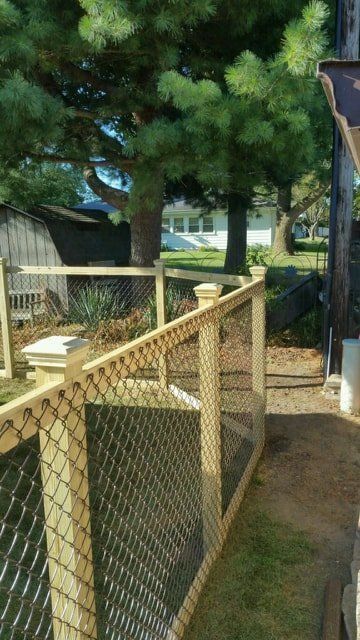 A Chain Link Fence With A Wooden Railing Is Surrounded By Trees – Mishawaka IN - Milestone Fence