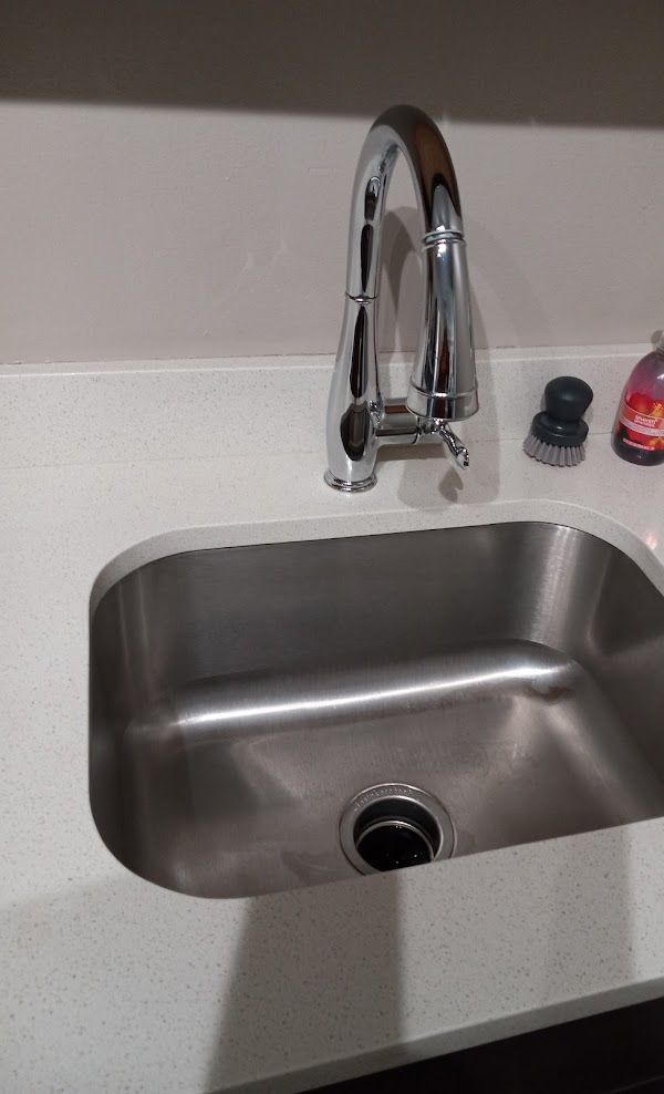 A stainless steel kitchen sink with a chrome faucet on a counter.