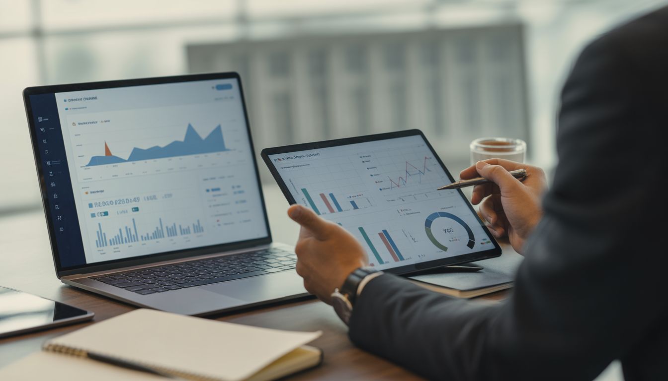 Small business owner reviewing analytics dashboard and performance data on laptop