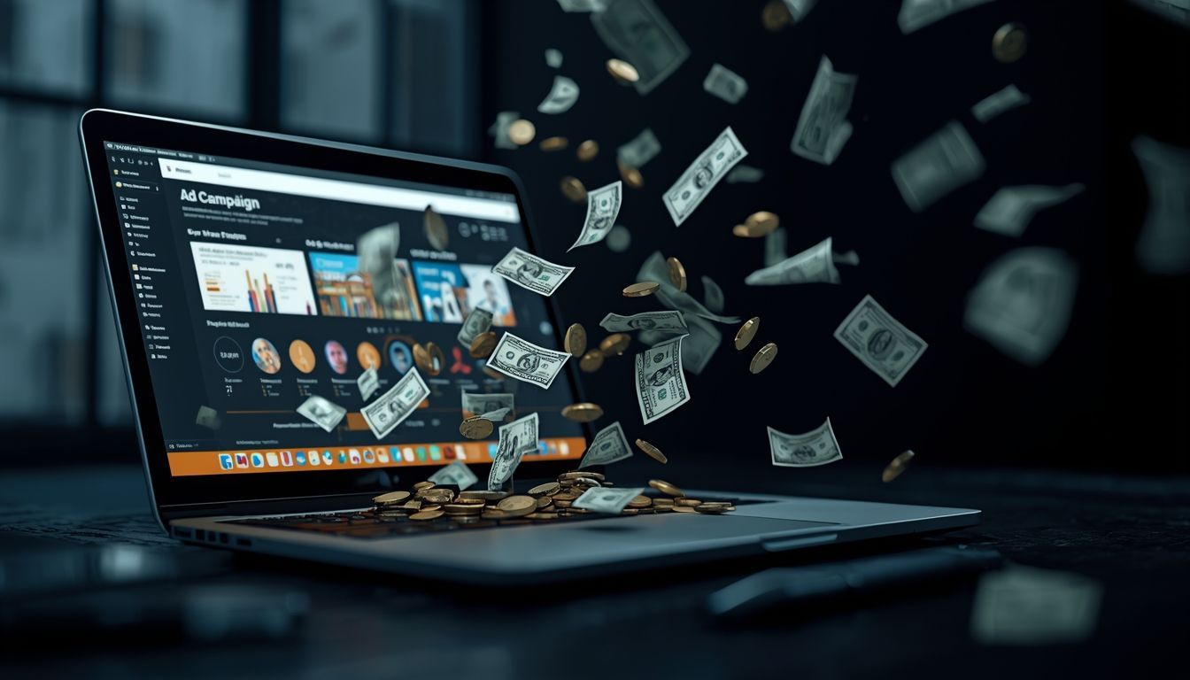 Realistic concept of wasted Google Ads budget with money leaking