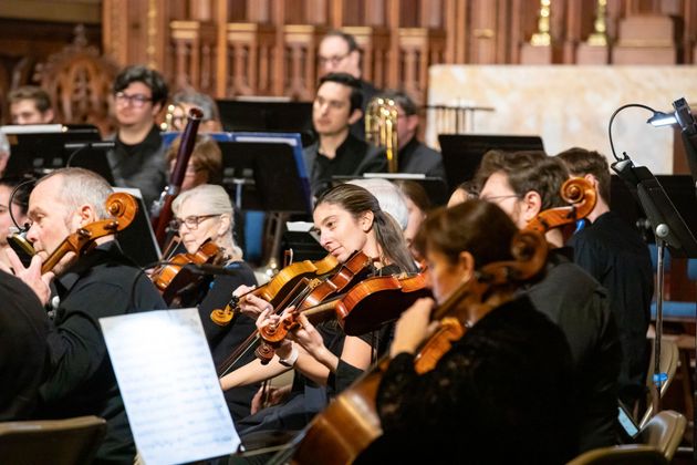 A group of people are playing violins in an orchestra.