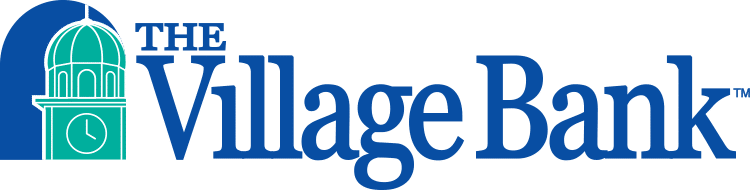 The village bank logo is blue and green with a clock tower.