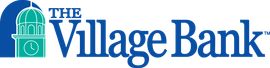 The village bank logo is blue and green with a clock tower.