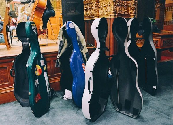 A group of cello cases are lined up in a row