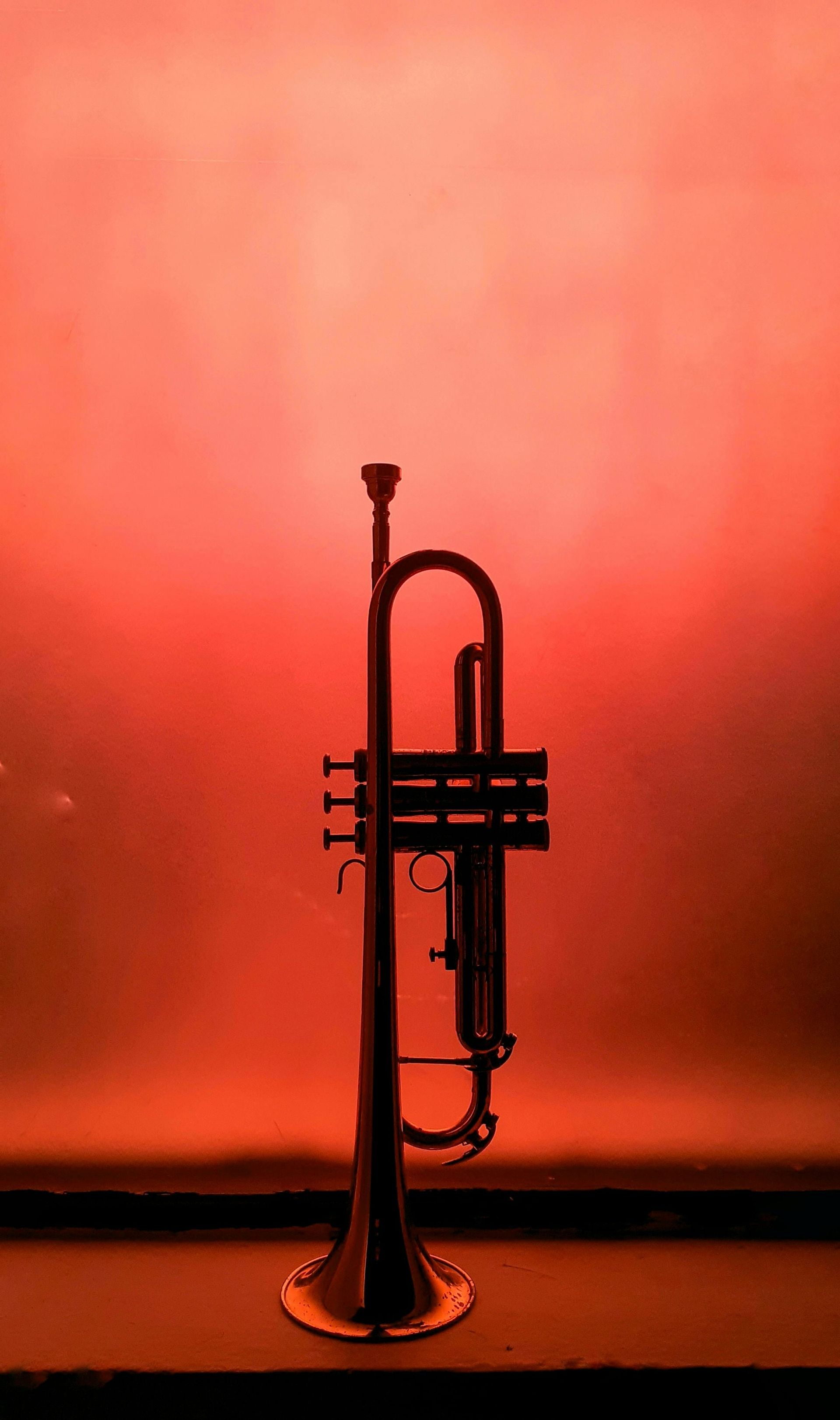 A trumpet is sitting in front of a red background.