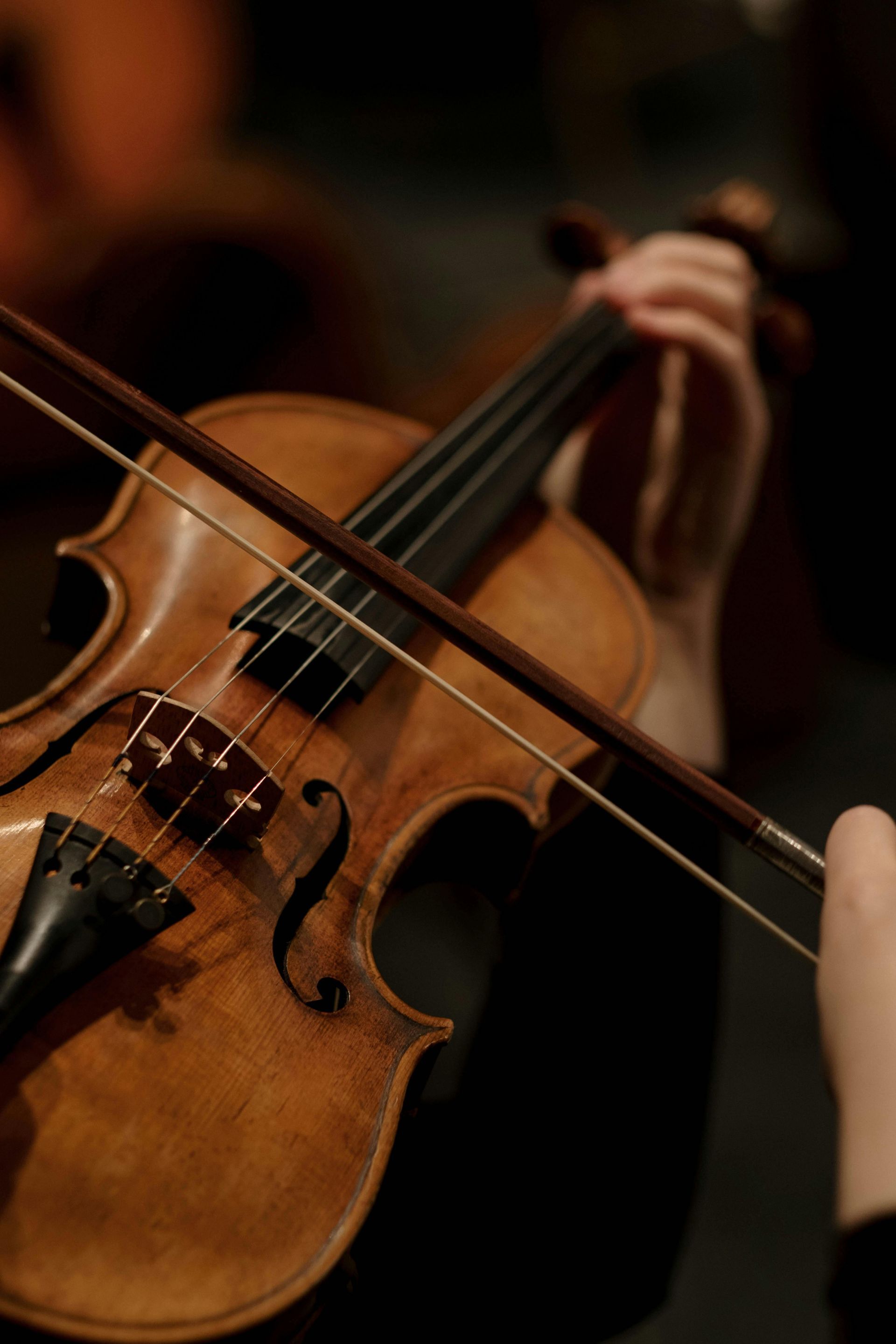 A person is playing a violin with a bow