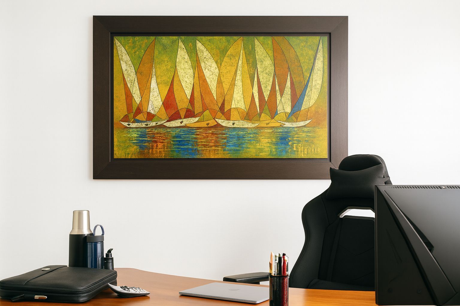 Cuadro de veleros sobre un escritorio de oficina. Marco de madera, barcos coloridos y reflejo de agua azul.