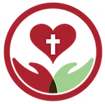 A red heart with a cross inside of it and two hands holding it.