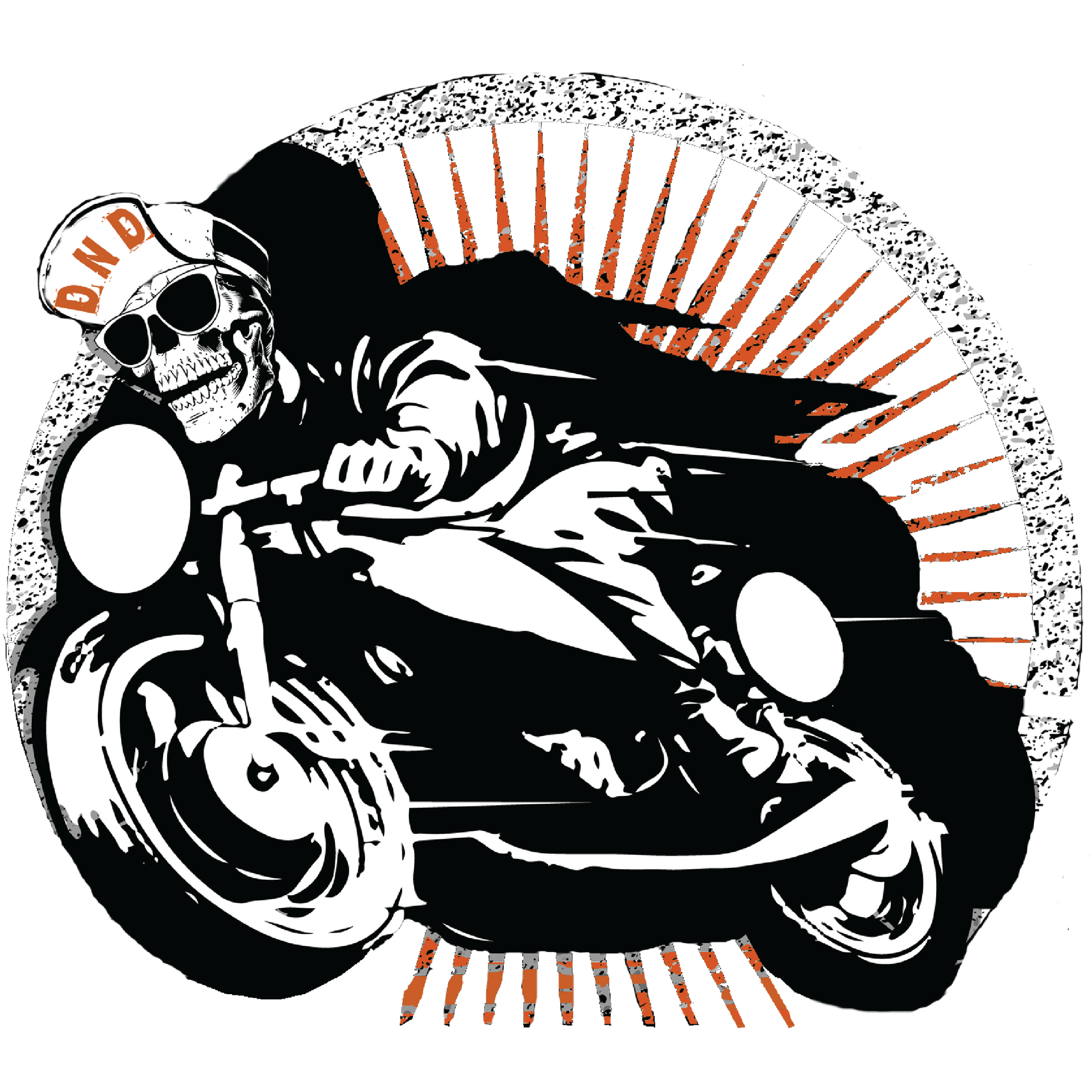 A skull wearing a hat is riding a motorcycle.