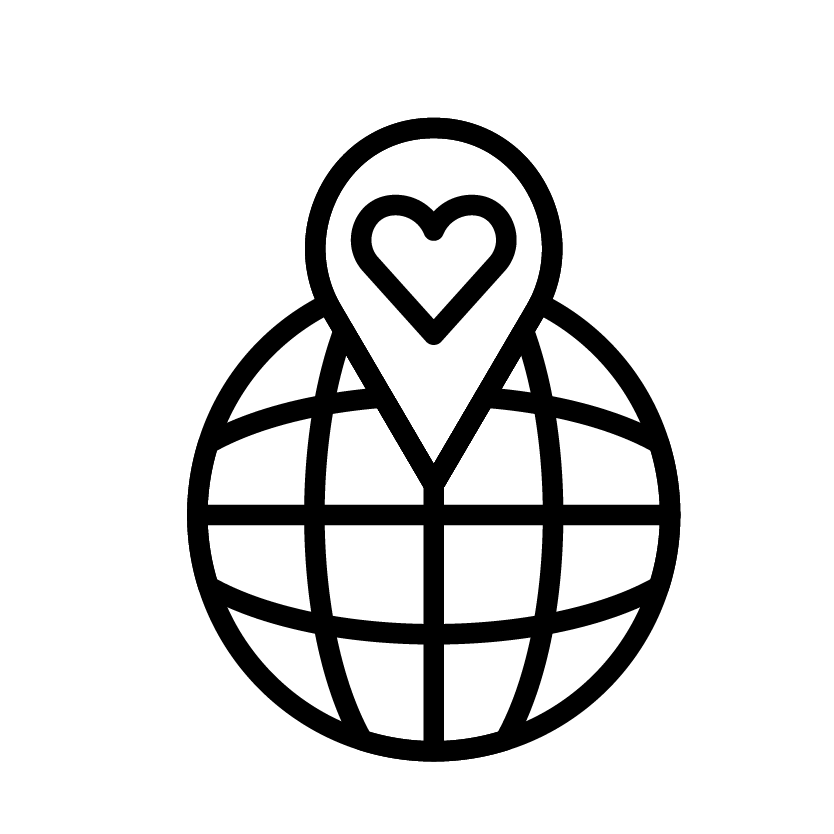 a black and white icon of a globe with a heart pin on it .